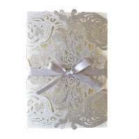 Silvery Invitation Card Glitter Marriage Invitation With Ribbon Bow Laser Cut